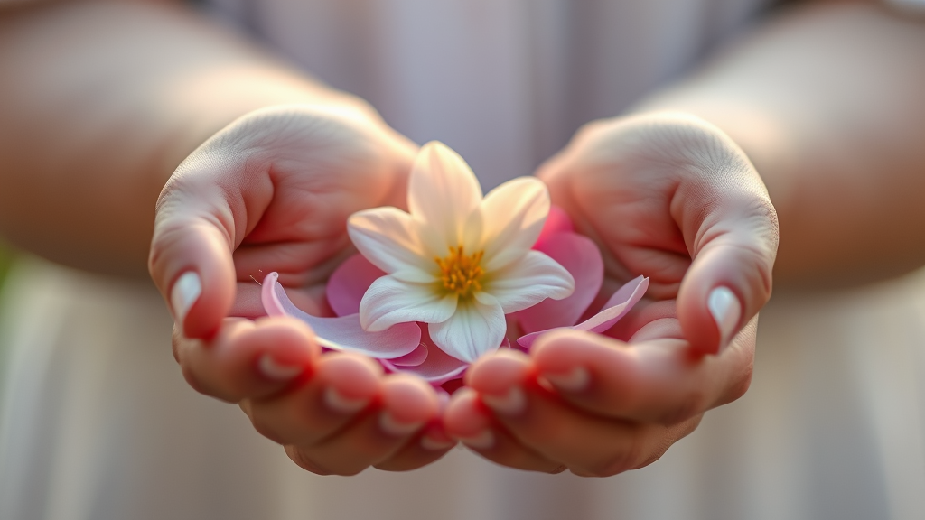 Gentle hands holding delicate flower petals with soft morning light representing mindful awareness and inner peace no text no words no letters