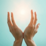Gentle hands reaching toward healing light, soft blue and green tones, peaceful rehabilitation setting, no text no words no letters