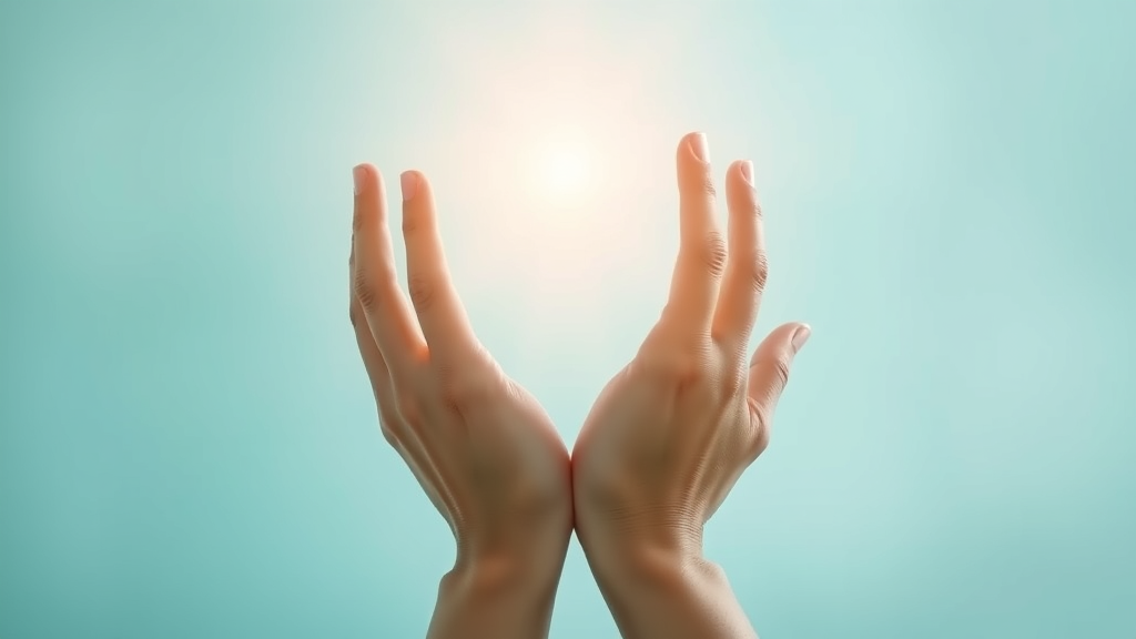 Gentle hands reaching toward healing light, soft blue and green tones, peaceful rehabilitation setting, no text no words no letters