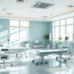Peaceful rehabilitation center with soft natural lighting, calming blue and green tones, modern therapy equipment, serene healing environment, no text no words no letters