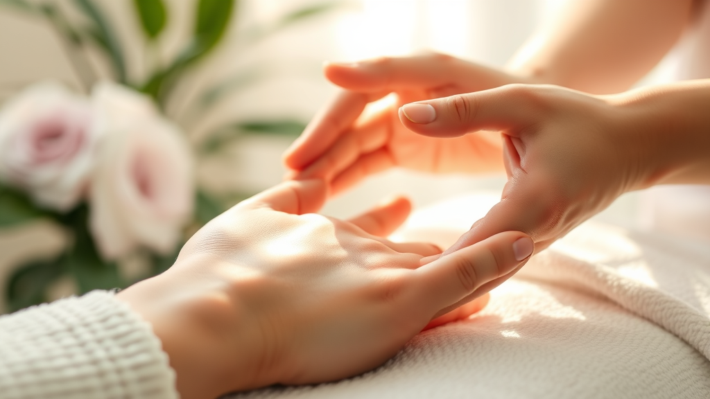 Gentle hands providing therapeutic treatment, soft morning light, calming pastel colors, healing touch concept, wellness atmosphere, no text no words no letters