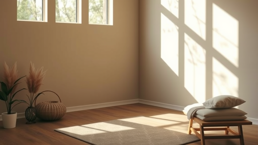Serene therapy room with natural light, calming earth tones, peaceful healing environment, gentle shadows and warmth, no text no words no letters
