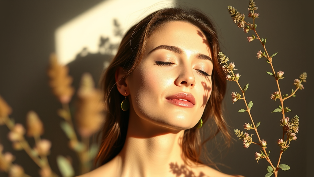 Serene woman with glowing healthy skin in soft natural lighting with botanical elements, peaceful wellness concept, no text no words no letters