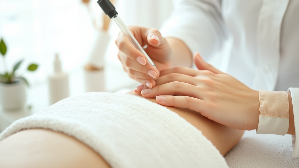 Gentle hands applying skincare treatment in calming spa environment with soft lighting and natural elements, no text no words no letters