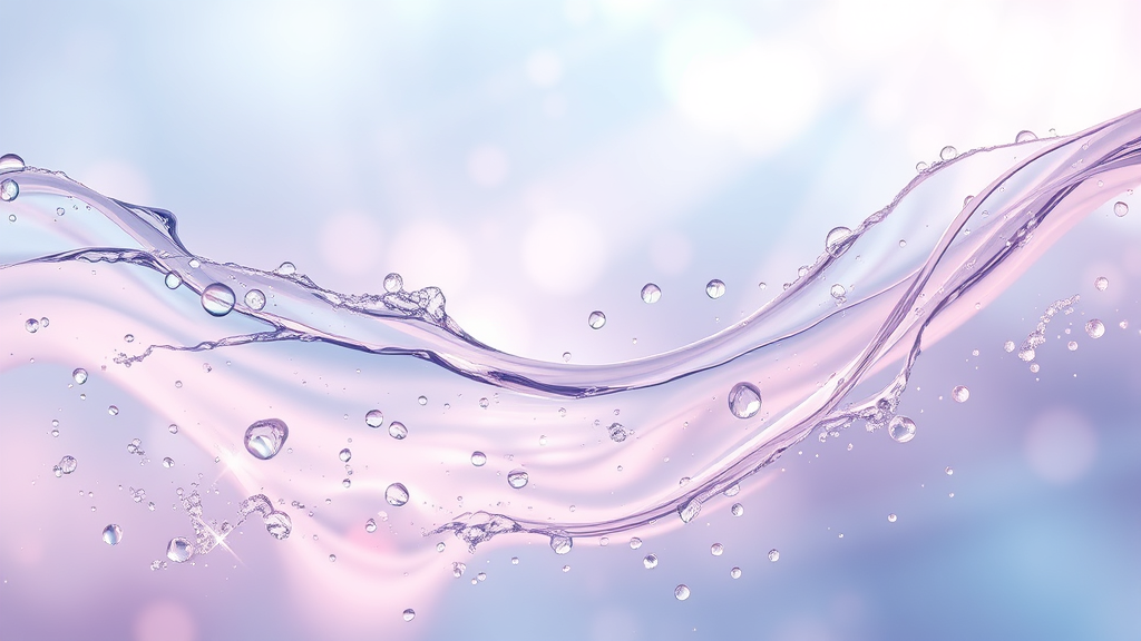 Abstract flowing water droplets and light rays representing skin renewal and cellular regeneration in calming colors, no text no words no letters