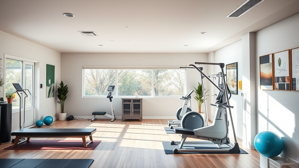 Physical therapy clinic interior with exercise equipment, natural lighting, peaceful healing environment, soft colors, wellness focused, no text no words no letters