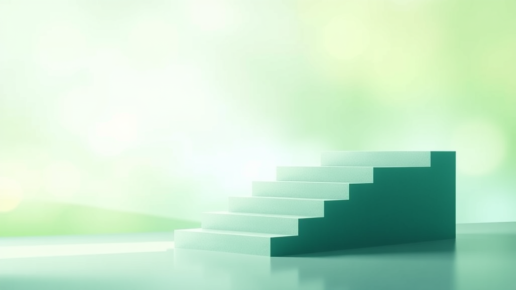 Abstract representation of career growth with ascending steps, gentle lighting, calming greens and blues, professional development concept, no text no words no letters