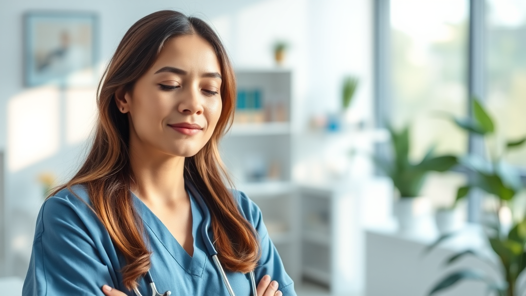 Peaceful healthcare professional in modern clinic setting with soft natural lighting, calming blues and greens, serene atmosphere, no text no words no letters