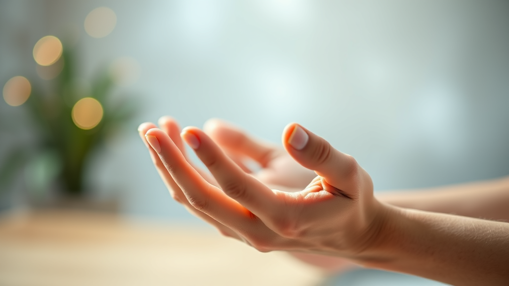 Gentle hands in therapeutic motion with soft focus background, warm lighting, healing energy, professional healthcare environment, no text no words no letters