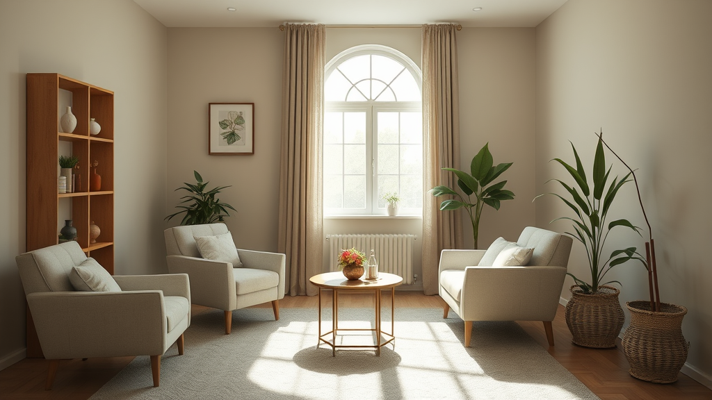 Serene therapy room with comfortable seating and natural light creating a safe healing environment no text no words no letters