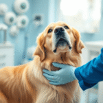 Golden retriever receiving gentle therapy treatment in bright veterinary clinic with soft natural lighting and calming blue tones no text no words no letters