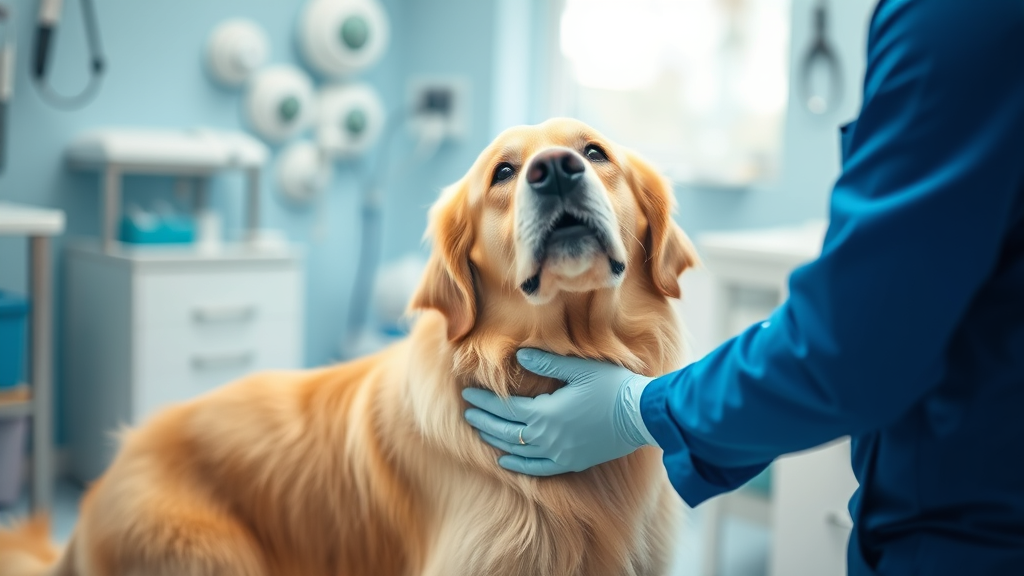Golden retriever receiving gentle therapy treatment in bright veterinary clinic with soft natural lighting and calming blue tones no text no words no letters