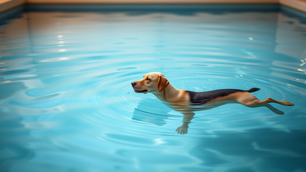 Peaceful therapy pool with gentle ripples and warm lighting showing healing environment for canine rehabilitation no text no words no letters