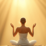 Serene person meditating in soft natural light with gentle flowing energy representing emotional healing and inner peace no text no words no letters