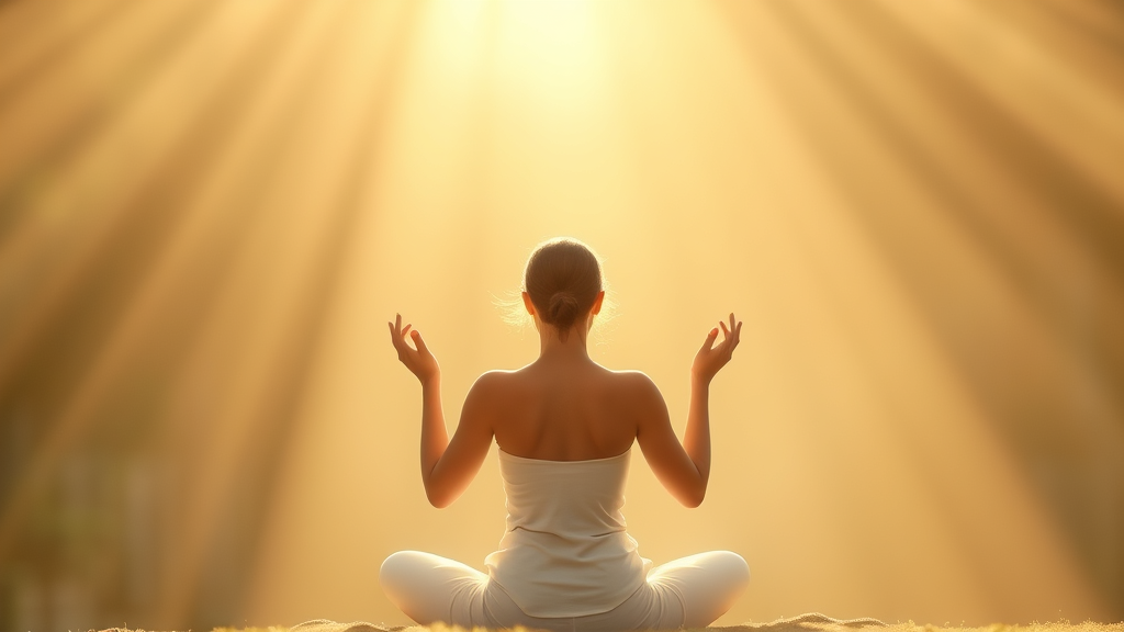 Serene person meditating in soft natural light with gentle flowing energy representing emotional healing and inner peace no text no words no letters