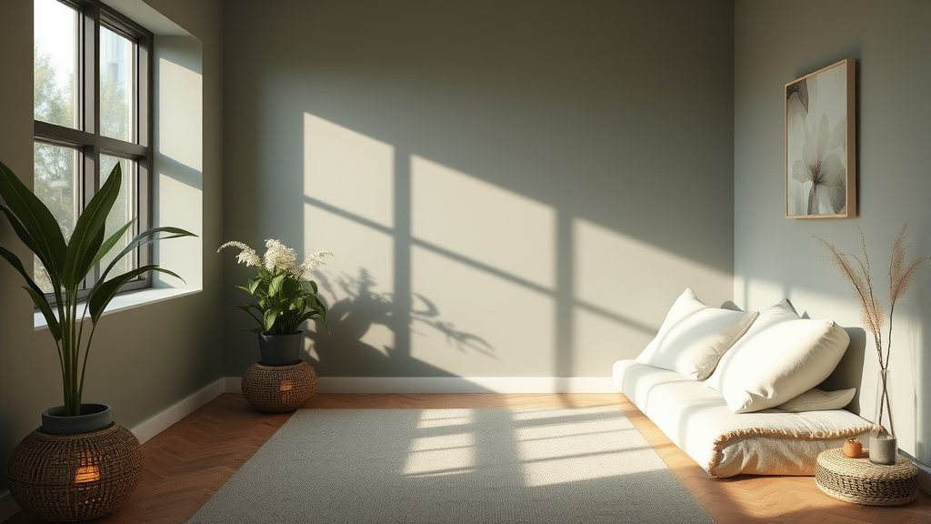 Peaceful therapy environment with soft lighting and natural elements symbolizing holistic emotional wellness and recovery no text no words no letters