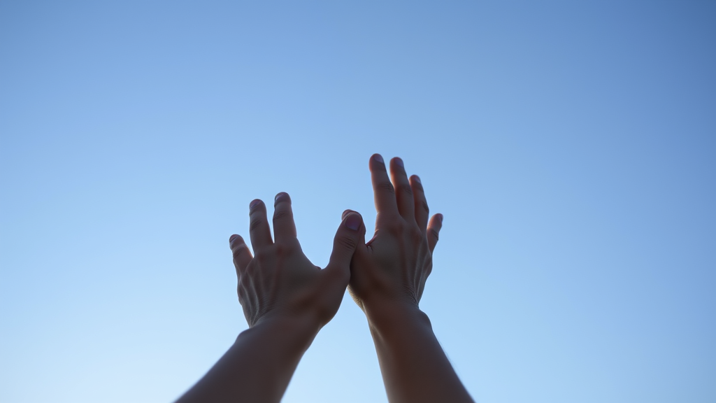 Soft lighting gentle hands reaching toward calm blue sky peaceful healing journey mental wellness no text no words no letters