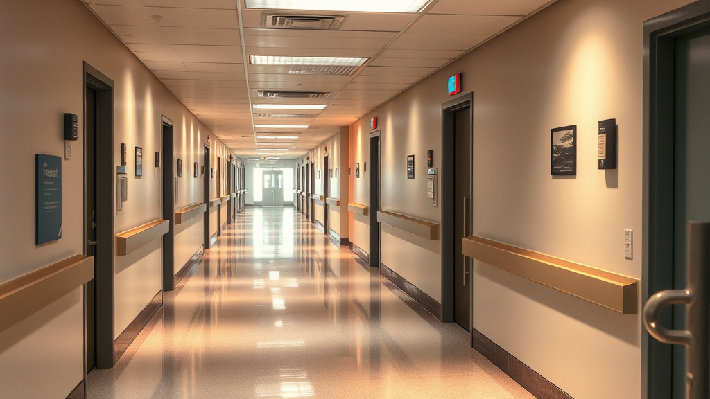 Serene hospital hallway warm lighting comfortable medical environment peaceful healing space soft colors no text no words no letters