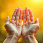 Peaceful healing hands with soft golden light radiating gentle energy waves representing natural pain relief and cellular regeneration no text no words no letters