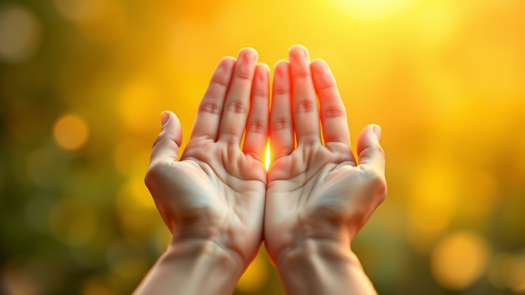 Peaceful healing hands with soft golden light radiating gentle energy waves representing natural pain relief and cellular regeneration no text no words no letters