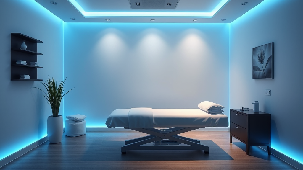Serene therapy room with calming blue ambient lighting and comfortable treatment table suggesting professional medical wellness environment no text no words no letters
