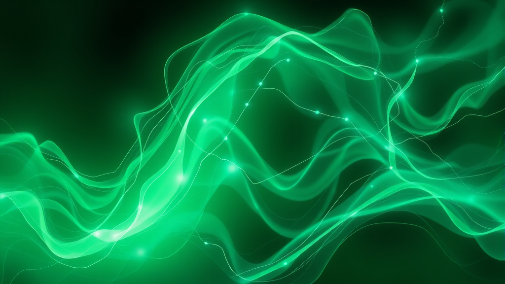 Abstract flowing energy patterns in soothing green and blue tones representing electrical healing currents and cellular restoration no text no words no letters
