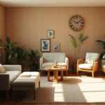 Serene therapy room with soft natural lighting, comfortable seating, plants, warm earth tones, peaceful atmosphere, no text no words no letters