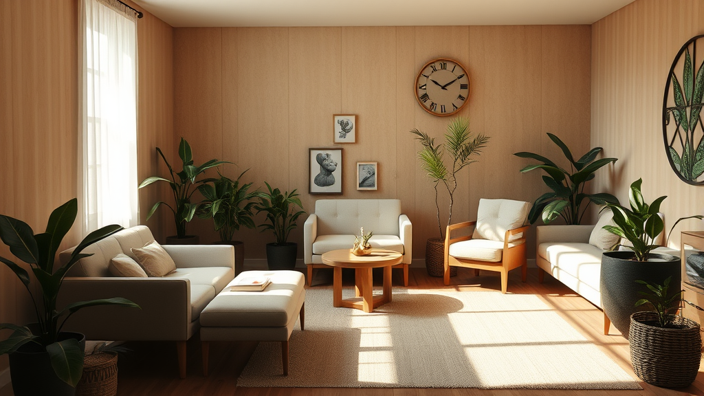 Serene therapy room with soft natural lighting, comfortable seating, plants, warm earth tones, peaceful atmosphere, no text no words no letters