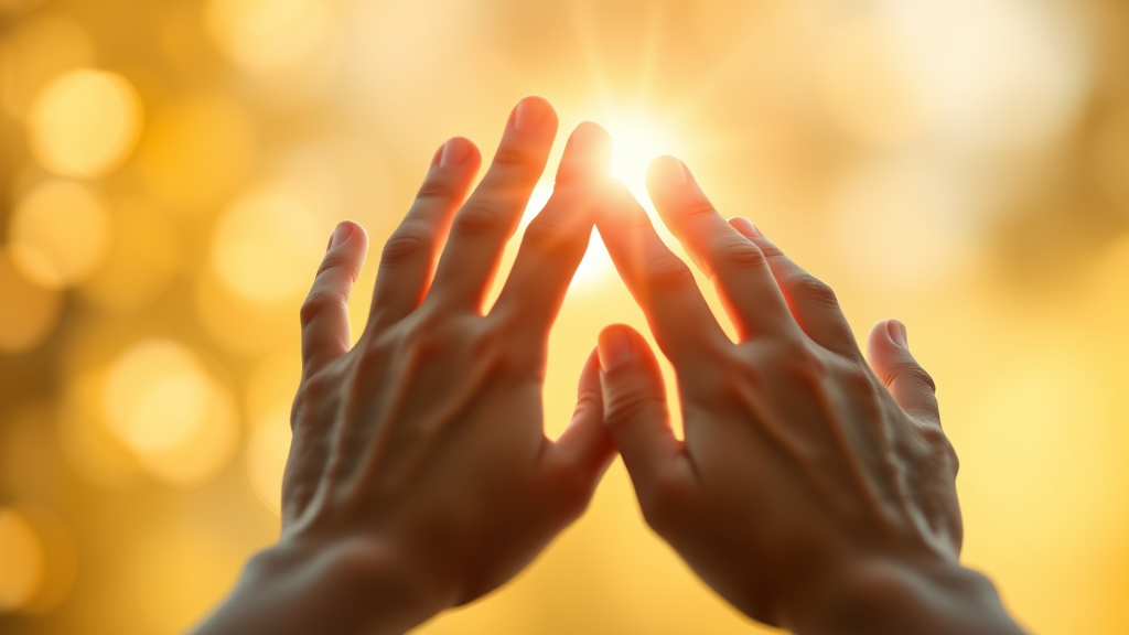Gentle hands reaching toward light, soft bokeh background, healing energy, warm golden tones, therapeutic connection, no text no words no letters