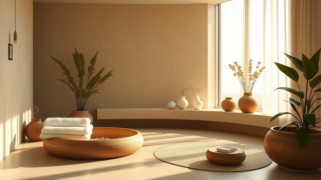 Serene wellness spa environment with soft natural lighting and calming earth tones representing holistic healing and body restoration no text no words no letters