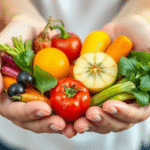 Gentle hands holding colorful fruits and vegetables with soft natural lighting, peaceful family wellness concept, no text no words no letters