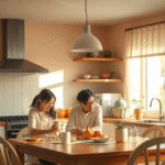 Soft natural lighting, peaceful family kitchen scene, warm earth tones, serene atmosphere, no text no words no letters