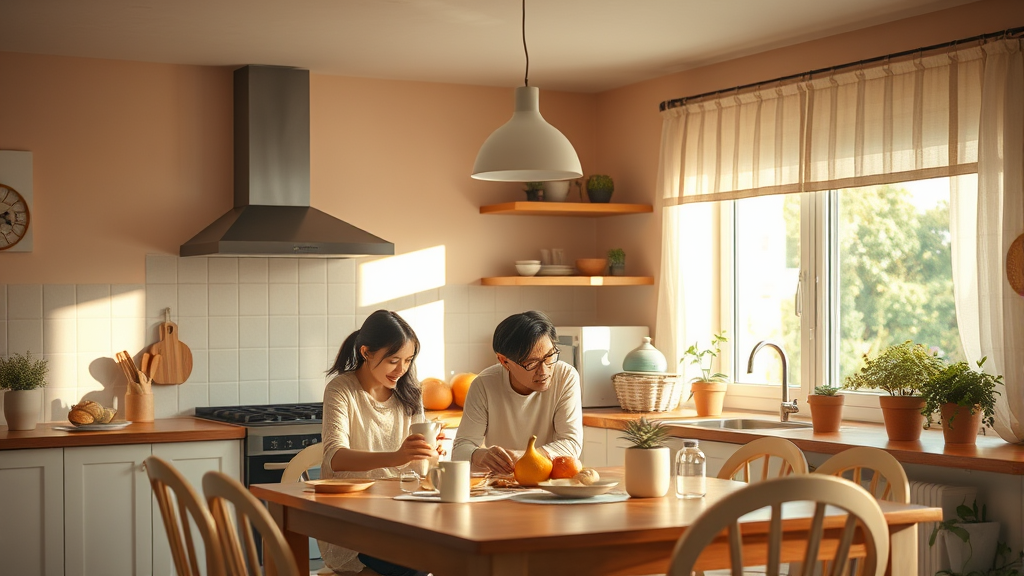 Soft natural lighting, peaceful family kitchen scene, warm earth tones, serene atmosphere, no text no words no letters