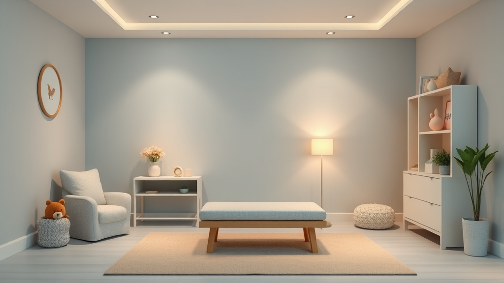 Gentle therapy room setting, calming pastel colors, comfortable child-friendly space, soft lighting, no text no words no letters