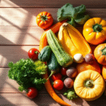 Soft natural lighting illuminating fresh colorful fruits and vegetables arranged peacefully on wooden surface with gentle shadows no text no words no letters