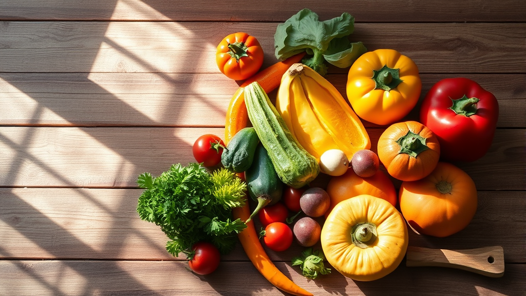 Soft natural lighting illuminating fresh colorful fruits and vegetables arranged peacefully on wooden surface with gentle shadows no text no words no letters