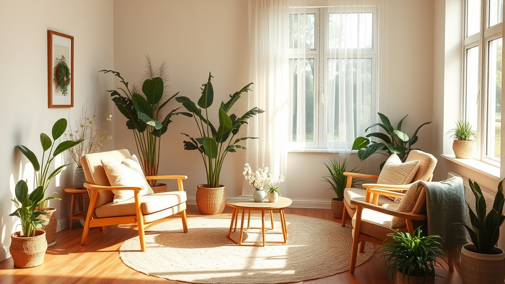 Warm therapy room with comfortable seating plants and natural light creating peaceful healing environment for counseling sessions no text no words no letters