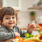 Peaceful child eating colorful vegetables in bright kitchen natural lighting warm atmosphere no text no words no letters