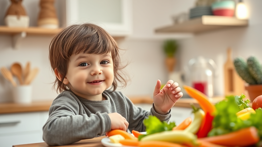 Peaceful child eating colorful vegetables in bright kitchen natural lighting warm atmosphere no text no words no letters