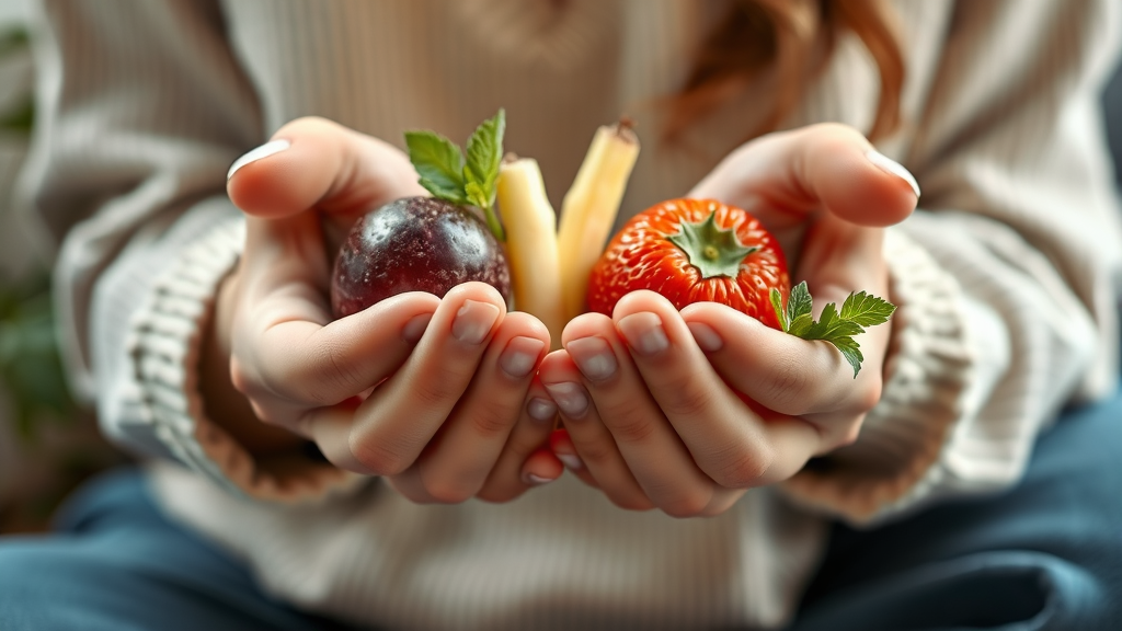 Gentle hands holding fresh fruits and vegetables soft natural lighting therapy setting calm environment no text no words no letters