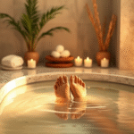 Peaceful spa setting with soft lighting, natural elements, feet in warm water, serene atmosphere, calming earth tones, wellness concept, no text no words no letters