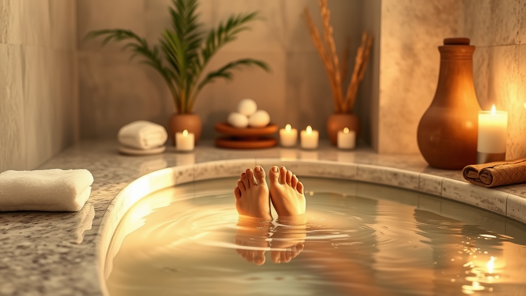 Peaceful spa setting with soft lighting, natural elements, feet in warm water, serene atmosphere, calming earth tones, wellness concept, no text no words no letters