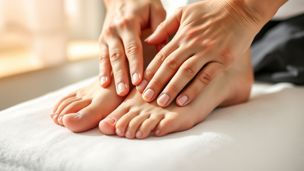 Gentle hands performing therapeutic massage on feet, soft natural lighting, clean clinical setting, healing touch, professional care, no text no words no letters