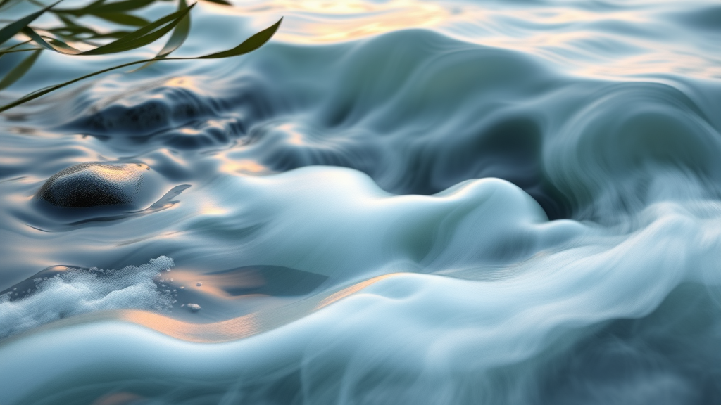 Abstract representation of pain relief and healing, flowing water, smooth stones, gentle waves, peaceful nature scene, comfort and serenity, no text no words no letters