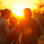 Warm family silhouettes embracing in golden sunset light, peaceful harmony, soft focus, emotional connection, healing atmosphere, no text no words no letters