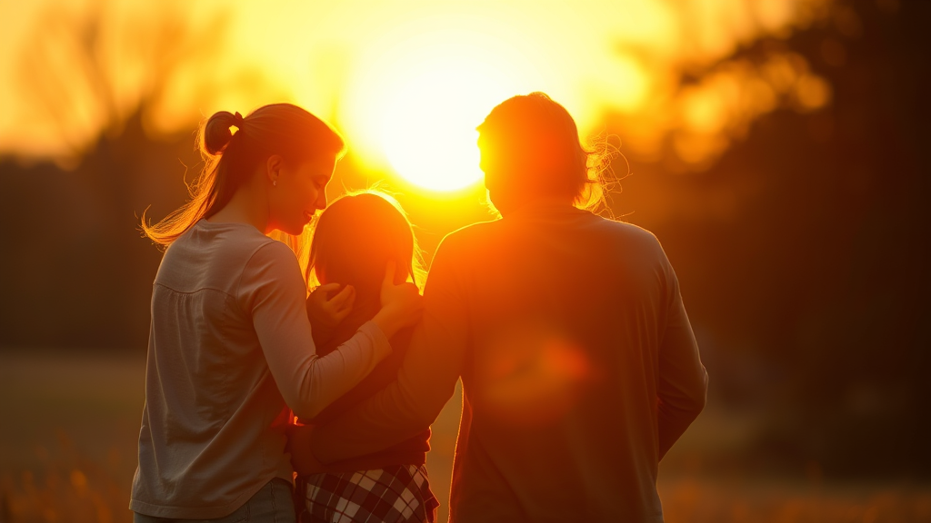 Warm family silhouettes embracing in golden sunset light, peaceful harmony, soft focus, emotional connection, healing atmosphere, no text no words no letters