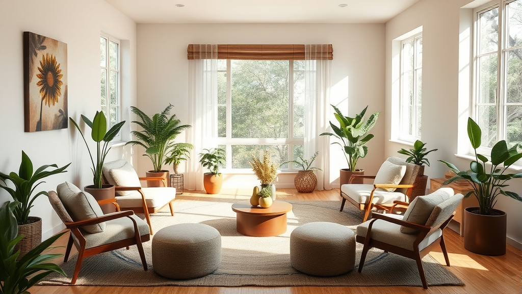 Gentle therapy room with comfortable seating circle, natural lighting, plants, calming earth tones, peaceful counseling space, no text no words no letters