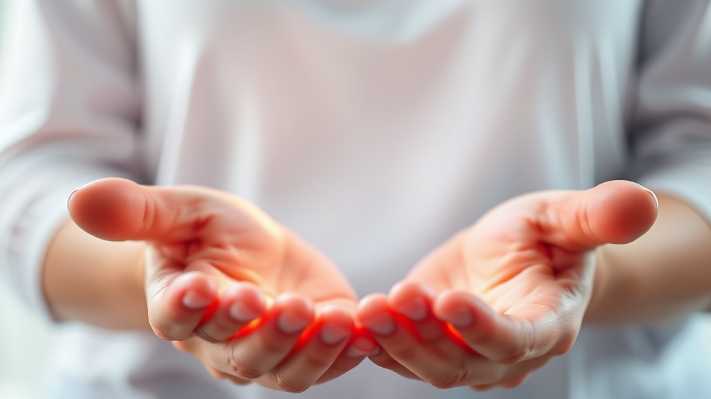 Gentle hands in soft natural lighting with healing energy, serene wellness concept, calming blues and whites, peaceful atmosphere, no text no words no letters