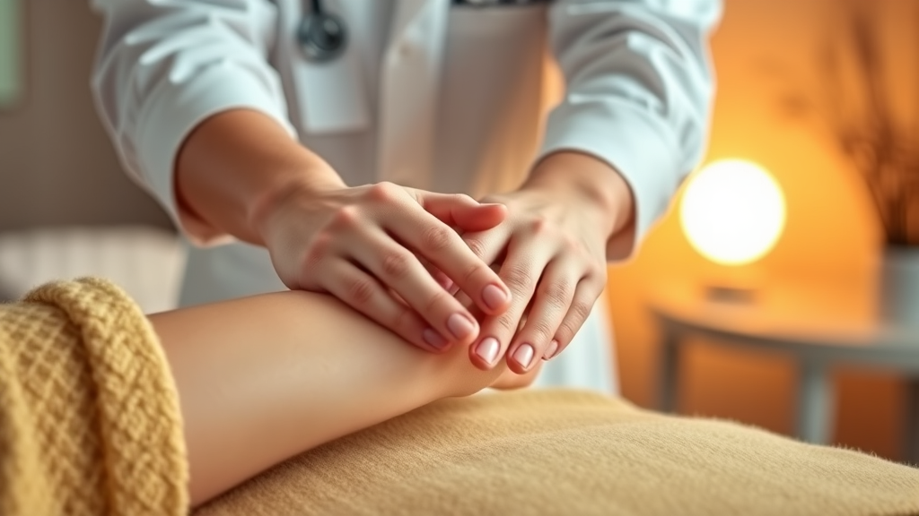 Therapeutic massage hands working on wrist area, warm ambient lighting, professional healthcare setting, soothing earth tones, no text no words no letters