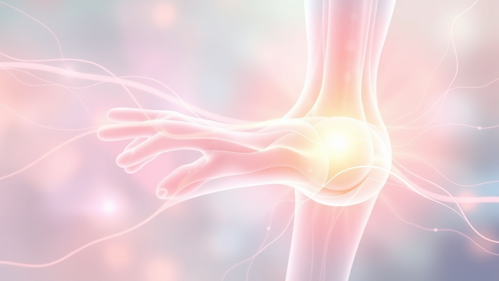 Abstract representation of healing energy flowing through joints, soft pastel colors, ethereal light beams, peaceful nature elements, no text no words no letters